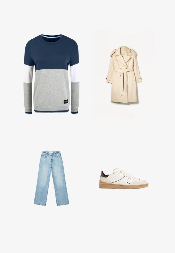 Beżowy płaszcz typu trencz wykonany z lekkiego materiału; podwójnie zapięty fason z dużymi guzikami, talią z paskiem i epoletami na ramionach.; Oxmo OMAYA granatowy; Jasnoniebieskie jeansy z szerokimi nogawkami i wysokim stanem, z lekko wybledzonym wykończeniem i drobnymi, rozproszonymi przetarciami.; Stradivarius - Sneakersy niskie