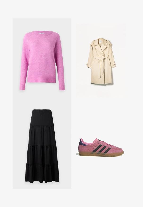 Trench coat beige realizzato in tessuto leggero; design doppiopetto con grandi bottoni, cintura in vita e spalline sulla spalla.; Maglione rosa con maniche lunghe, scollatura rotonda e polsini a costine. Texture morbida con un aspetto leggermente peloso e vestibilità comoda.; Gonna maxi nera realizzata in tessuto morbido, caratterizzata da un design a strati con una vita elastica e dettagli arricciati all'orlo.; Sneaker in suede rosa con strisce nere, suola in gomma e tallone texturizzato viola. Presenta un design con lacci e un marchio in rilievo sul lato.