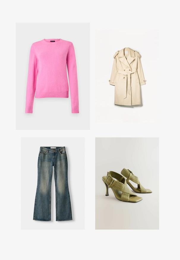 Trench coat beige realizzato in tessuto leggero; design doppiopetto con grandi bottoni, cintura in vita e spalline sulla spalla.; Maglione di lana rosa con maniche lunghe, scollo rotondo e polsini a coste. Texture liscia, colore uniforme e design semplice.; Jeans flare blu con lavaggio sbiadito, cinque tasche e chiusura con bottone. Il materiale presenta una trama in denim con dettagli di cucitura sottili.; Sandali con tacco intrecciati verdi, con fibbia regolabile, apertura quadrata sulla punta e suola liscia. Presentano un tacco alto elegante e affusolato e cinturini testurizzati.