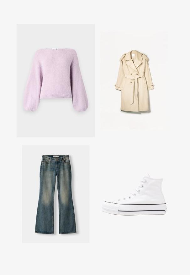 Beige Trenchcoat aus leichtem Stoff; doppelt geknöpftes Design mit großen Knöpfen, tailliertem Gürtel und Schulterklappen.; Helllila gestrickter Pullover mit lockerer Passform, weiten Puffärmeln und geripptem Saum. Weiche Textur und runder Ausschnitt.; Blaue Schlagjeans mit einem ausgewaschenen Look, fünf Taschen und einem Knopfverschluss. Das Material zeigt eine Denim-Textur mit dezenten Stickdetails.; Weiße hochwertige Leinensneaker mit schwarzer Gummisohle, vorderem Gummizehenschutz und sechs Ösen für Schnürsenkel, die ein sauberes, minimalistisches Design aufweisen.