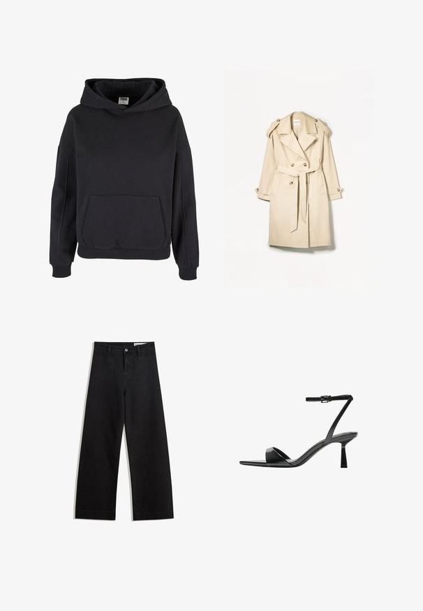 Béžový trenčkot vyrobený z ľahkého materiálu; dvojradový dizajn s veľkými gombíkmi, opasok v páse a ramenné epaulette.; Čierna bavlnená mikina s priestrannou klokankou, veľkou kapucňou, ribbenými manžetami a lemom. Jednoduchý, cez hlavu navliekací dizajn bez viditeľných vzorov.; Čierne denimové nohavice s širokými nohavicami a vysokým pásom, so prednými a zadnými vreckami, šitými švami a zapínaním na gombík. Hladká textúra.; Bershka Sandále na vysokom opätku - black