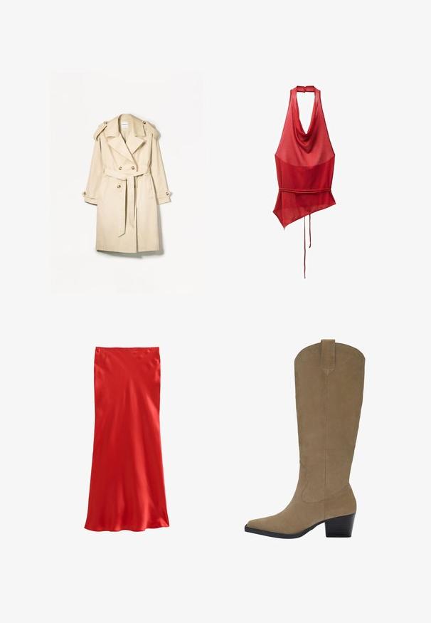 Beżowy płaszcz typu trencz wykonany z lekkiego materiału; podwójnie zapięty fason z dużymi guzikami, talią z paskiem i epoletami na ramionach.; Czerwona bluzka bez rękawów z drapowanym dekoltem, asymetrycznym dołem i wiązaniem w talii. Wykonana z lekkiego, przezroczystego materiału.; Czerwona satynowa spódnica w kształcie sukienki o prostym kroju, gładkiej fakturze i subtelnym połysku. Prosty fason bez widocznych wzorów czy zdobień.; Knee-high, jasnobrązowe, zamszowe botki z wąskim noskiem, ściętym obcasem i przeszyciami po bokach. Gładka tekstura i sztywny fason.