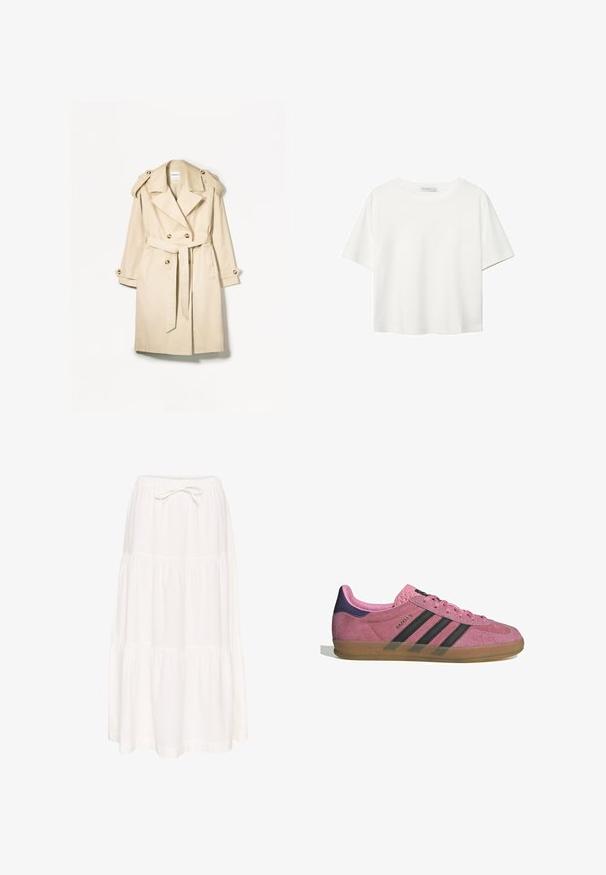 Trench coat beige realizzato in tessuto leggero; design doppiopetto con grandi bottoni, cintura in vita e spalline sulla spalla.; T-shirt bianco a maniche corte realizzato in cotone. Presenta un collo tondo e una vestibilità rilassata. Texture liscia senza motivi o dettagli visibili.; Gonna maxi bianca a strati realizzata in tessuto leggero. Presenta una vita elastica con cordoncino da annodare. Texture liscia, design semplice.; Sneaker in suede rosa con strisce nere, suola in gomma e tallone texturizzato viola. Presenta un design con lacci e un marchio in rilievo sul lato.