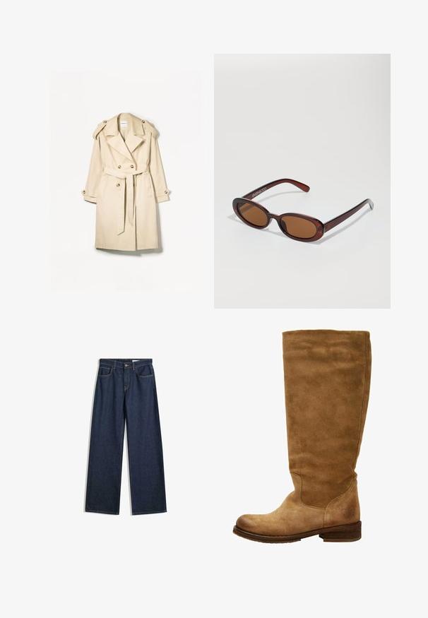 Beige Trenchcoat aus leichtem Stoff; doppelt geknöpftes Design mit großen Knöpfen, tailliertem Gürtel und Schulterklappen.; Weißes T-Shirt mit kurzen Ärmeln aus Baumwolle. Hat einen Rundhalsausschnitt und eine lockere Passform. Glatte Textur ohne sichtbare Muster oder Akzente.; Weite dunkelblaue Jeans mit fünf Taschen, sichtbarer Naht und Knopfverschluss. Sie verfügen über eine gerade Passform und leichte Gebrauchsspuren.; Braune Wildlederkniehohe Stiefel mit abgerundetem Zehenbereich und niedrigem Blockabsatz. Glatte Oberfläche, minimale Nähte und ein Logodetail nahe dem Absatz.; Runde, braun getönte Sonnenbrillen mit einem glänzenden burgunderfarbenen Rahmen. Schlanke Bügel mit dezentem Branding. Flaches Linsendesign.