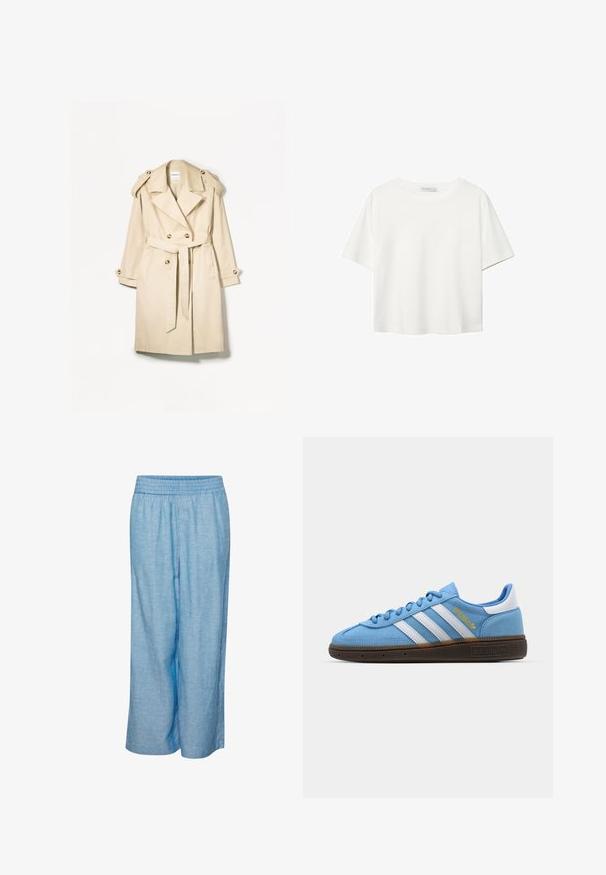 Bež baloner izrađen od lagane tkanine; dvostruko kopčanje s velikim dugmadi, pojasom u struku i epauletima na ramenima.; Bijela majica kratkih rukava od pamuka. Ima okrugli izrez i opušteni kroj. Glatka tekstura bez vidljivih uzoraka ili naglasaka.; Svijetloplave široke hlače izrađene od mekanog, teksturiranog materijala s elastičnom waistbandom. Imaju slobodan kroj i bez vidljivih zatvarača.; Svijetloplave nubuk tenisice s bijelim kožnim trakama, smešim teksturiranim đonom i zlatnim logom. Dizajn niskih tenisica s zaobljenim vrhom.