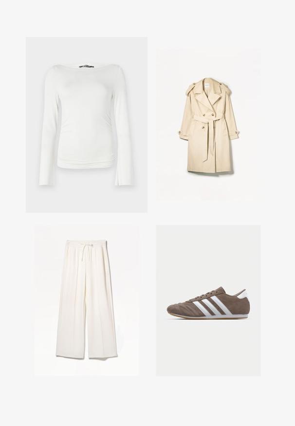 Beige színű trench coat, könnyű anyagból készült; dupla gombolású kialakítás nagy gombokkal, deréknál övvel és vállpárnákkal.; Fehér, hosszú ujjú felső, sima anyagból készült, testhezálló silhuettel, széles, hajónyakú kivágással és finom ráncolással a deréknál.; Fehér, széles szárú nadrág, könnyű anyagból készült, gumis derékkal, húzózsinórral és oldalsó zsebekkel, látható minták nélkül.; Barna velúr sportcipő fehér csíkokkal, kerek orral, fűzős kialakítással és gumitalppal. Textúrázott felsőrész varrási részletekkel.
