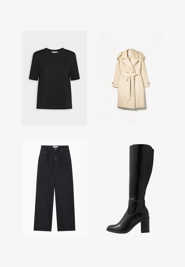 Beige trenchcoat lavet af letvægtsstof; dobbeltbrystet design med store knapper, belagt talje og skulderepauleter.; Sort bomulds t-shirt med rund hals, korte ærmer og lige kant. Simpelt design uden synlige mønstre eller detaljer.; Sorte højtaljede bredbenede denimjeans med frontknap og lynlås, bæltestropper og fem-lomme stil.; Knæhøje sorte glansede støvler med hæl, rund tå, glat overflade, detalje med udskæring på siden og en chunky stablet hæl.