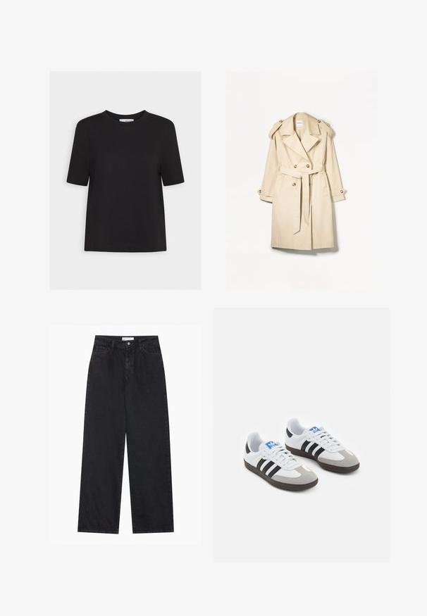 Manteau trench beige en tissu léger ; design croisé avec de gros boutons, taille ceinturée et épaulettes.; T-shirt en coton noir avec un col rond, des manches courtes et un ourlet droit. Design simple, sans motifs ni accents visibles.; Jeans en denim noirs taille haute à jambes larges avec fermeture à bouton et zip à l'avant, passants de ceinture et style à cinq poches.; Baskets avec une tige en cuir blanc, un bout en daim gris et trois bandes noires. Présente un logo bleu sur la languette et une semelle en caoutchouc texturée.
