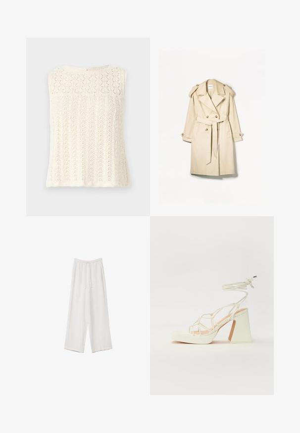 Beige trenchcoat lavet af letvægtsstof; dobbeltbrystet design med store knapper, belagt talje og skulderepauleter.; Strik uden ærmer i creme, med et struktureret mønster med bladmotiver og en rund halsudskæring. Ryglukning med en lille nøglehul.; Hvide bukser med bred benlængde lavet af et letvægtsstof. Har et elastisk talje med snor og sidelommer. Glat tekstur.; Hvide højhælede sandaler med en kraftig hæl, der har et stropdesign og ankelbinding. Glat tekstur med en platform foran for ekstra højde.