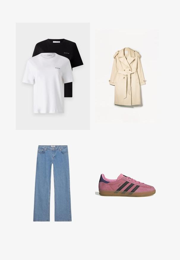 Beige trenchcoat lavet af letvægtsstof; dobbeltbrystet design med store knapper, belagt talje og skulderepauleter.; To korte t-shirts med korte ærmer i sort og hvid, lavet af bomuld. Begge har en rund halsudskæring og et lille "SELECTED"-logo på brystet.; Lyseblå vidbenede jeans lavet af denim, med fem lomme-design, knaplukning og syninger langs sømmene og kanterne.; Lyserøde ruskinds sneakers med sorte striber, gummisål og struktureret lilla hæl. Har snøredesign og præget branding på siden.