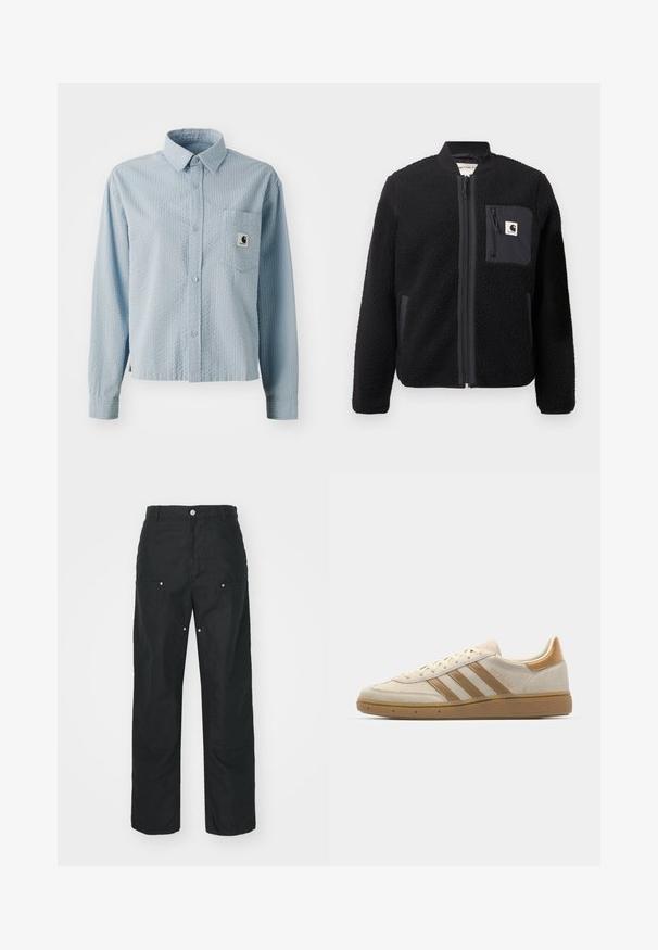 Schwarze Fleece-Bomberjacke mit Reißverschluss, gerippten Ärmeln und einer Brusttasche. Sie zeichnet sich durch einen strukturierten Stoff und ein einfarbiges Design aus.; Himmelblaues, langärmliges Hemd mit Knopfleiste, strukturiertem Muster, einer Brusttasche und einem Markenlabel auf der Tasche. Aus gewebtem Stoff gefertigt.; Schwarze Hose mit geradem Bein, aus einem strukturierten Stoff. Verfügt über dekorative silberne Hardware und einzigartige Nahtdetails.; Beige Wildledersneaker mit hellbraunen Akzenten. Verfügt über drei braune Streifen, eine strukturierte Gummisohle und ein rundes Zehendesign.