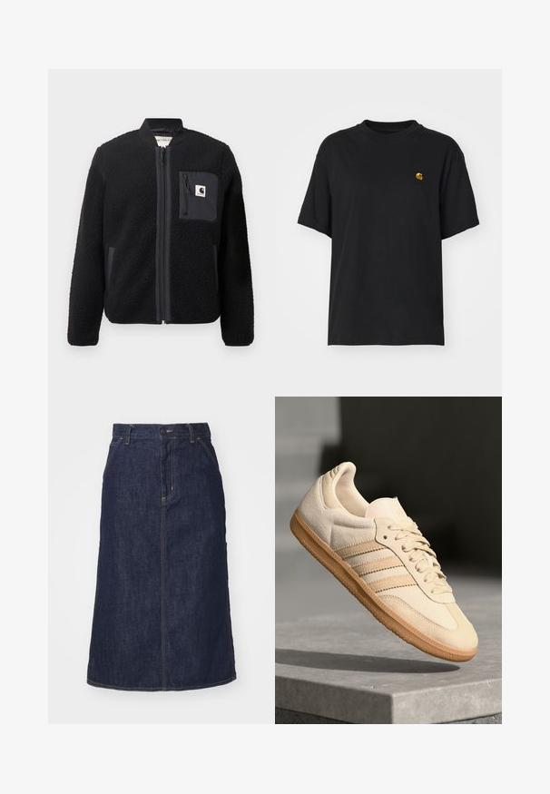 Casaco bomber de lã preto com fecho éclair na frente, punhos canelados e um bolso no peito. Apresenta um tecido texturizado e um design de cor sólida.; T-shirt de algodão preto com um corte descontraído. Apresenta um decote redondo e mangas curtas. Inclui um pequeno logotipo bordado a dourado no peito.; Saia de ganga escura de cintura alta, corte reto, com bolsos frontais e costuras aparadas. Apresenta um fecho de correr e botão na cintura.; Sapatilha de camurça bege clara com sola de borracha, três riscas diagonais e uma biqueira texturizada. Apresenta o logótipo na língua e na lateral.