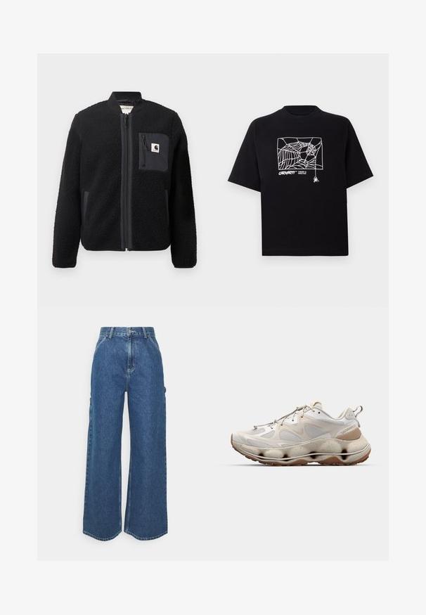 Svart fleece bomberjakke med glidelås foran, ribbestrikkede mansjetter og brystlomme. Har teksturert stoff og en ensfarget design.; Svart T-skjorte laget av bomull med korte ermer. Har et hvitt edderkoppnett grafikk og logo på fronten. Enkel rund hals.; Videbeinete blå denimbukser med høy midje, kontraststing, og sidelommer, med et klassisk fem-lommers design og rå kanter.; Lette hvite sneakers har en mesh-overdel, teksturerte detaljer, en tykk, skulpturert såle og en gummisåle med et brunt mønster.