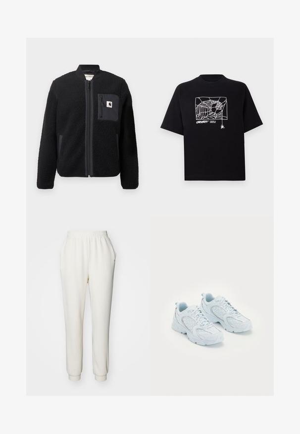 Čierna fleecová bombera s predným zipsom, rebrovanými manžetami a náprsním vreckom. Obsahuje štruktúrovanú tkaninu a jednoliaty farebný dizajn.; Čierne tričko z bavlny s krátkymi rukávmi. Na prednej strane má biely grafický motív pavučiny a logo. Jednoduchý zaoblený výstrih.; Biele, zúžené tepláky z mäkkého materiálu s elastickým pásom a náplety na členkoch. Obsahujú bočné vrecká pre väčšie pohodlie.; Svetlo modré športové topánky s sieťovinovým a syntetickým zvrškom, s bielymi bodkami a reflexnými prvkami, so šnurovaním a polstrovanou podrážkou.