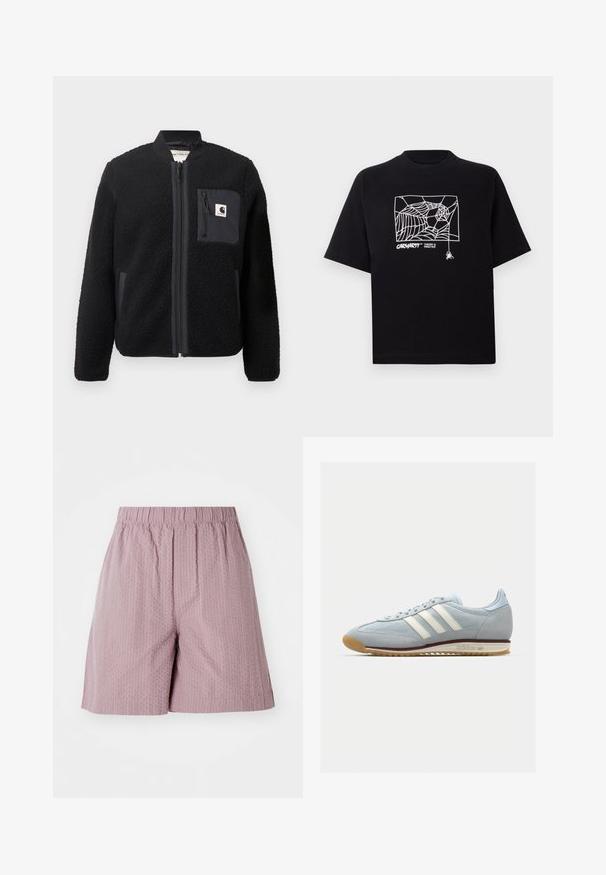 Schwarze Fleece-Bomberjacke mit Reißverschluss, gerippten Ärmeln und einer Brusttasche. Sie zeichnet sich durch einen strukturierten Stoff und ein einfarbiges Design aus.; Schwarzes T-Shirt aus Baumwolle mit kurzen Ärmeln. Mit einem weißen Spinnennetz-Graphic und Logo auf der Vorderseite. Einfacher runder Ausschnitt.; Helle rosa Shorts aus strukturiertem Stoff mit elastischem Bund und geradem Schnitt. Verfügt über ein dezentes Muster und einen sauberen Saum.; Hellblaue Wildledersneaker mit weißen drei Streifen, Gummisohle und strukturiertem Mesh. Verfügt über eine glatte Zehenkappe und Branding an der Ferse.