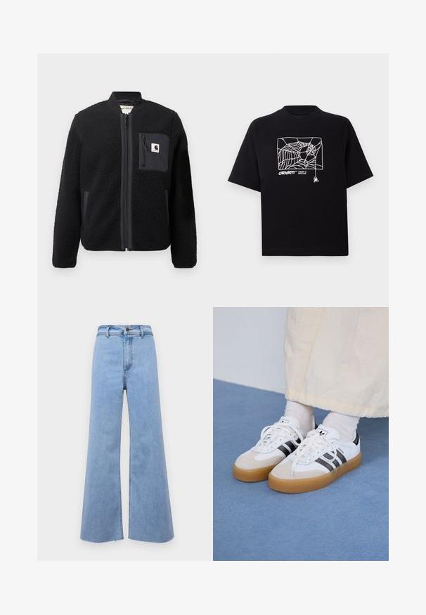 Černá fleecová bomber bunda se zipem vpředu, vroubkovanými manžetami a kapsou na hrudi. Disponuje texturovanou tkaninou a jednobarevným designem.; Černé tričko vyrobené z bavlny s krátkými rukávy. Na přední straně má bílé grafické zobrazení pavučiny a logo. Jednoduchý kulatý výstřih.; Světle modré kalhoty s širokými nohavicemi a vysokým pasem, s roztrhnutým lemem a předním zapínáním na knoflík. Vyrobené z denimu, mají hladkou strukturu a čisté linie.; Bílé tenisky s černými pruhy a béžovými semišovými akcenty. Mají texturovanou gumovou podrážku a ploché bílé tkaničky, nošeny s světlými ponožkami.