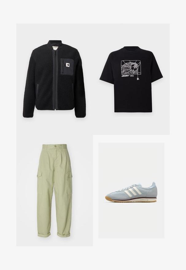 Casaco bomber de lã preto com fecho éclair na frente, punhos canelados e um bolso no peito. Apresenta um tecido texturizado e um design de cor sólida.; T-shirt preta feita de algodão com mangas curtas. Apresenta uma gravação de teia de aranha branca e um logótipo na parte da frente. Possui um decote simples em forma redonda.; Calças cargo verde claro feitas de tecido de algodão. Apresentam uma cintura alta, punhos enrolados e dois bolsos laterais cargo para maior utilidade.; Sneakers de camurça azul claro com três riscas brancas, sola de borracha e malha texturizada. Apresenta uma biqueira lisa e marca no calcanhar.