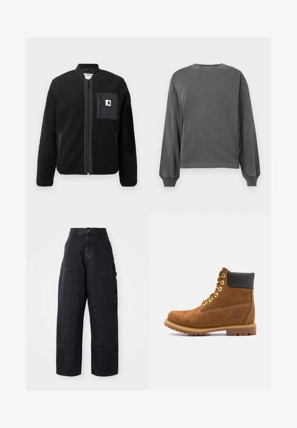 Melnā vilnas bombers jakas ar rāvējslēdzēja priekšpusi, ribinātām aprocēm un krūšu kabatu. Iezīmēts ar teksturētu audumu un viendabīgu krāsu dizainu.; Pelēks garām piedurknēm sporta krekls ar apaļu kakla izgriezumu, izgatavots no mīksta auduma. Iespējamas ribotās piedurknes un brīvs piegriezums. Minimālistiskais dizains, bez motīviem.; Melni denim platā kāju kravātie bikses ar augstu jostas vietu, diviem lieliem priekšējiem kabatām un pogas aizdari jostas vietā. Gluda auduma struktūra, ikdienas dizains.; Brūna zamšādas potītes zābaks ar melnu mīksto apkaklīti, zelta acīm, auklu priekšpusi un gumijas zoli ar teksturētu rakstu.