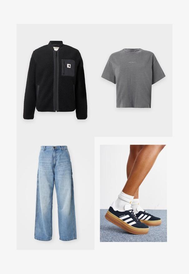 Svart fleece bomberjakke med glidelås foran, ribbestrikkede mansjetter og brystlomme. Har teksturert stoff og en ensfarget design.; Grå kortermet cropped T-skjorte med rund hals og liten sentrert hvit "carhartt" logo på forsiden.; Lyseblå vid bukse med høy midje, med sidelommer og falmet tekstur, laget av denim-materiale.; Svarte sneakers i semsket skinn med hvite striper og detaljer, rund tå, yttersåle i gummigummi, kombinert med hvite ribbestrikkede crew-sokker.