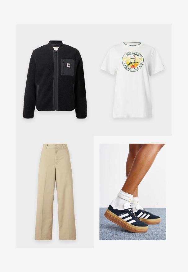 Veste bomber en polaire noire avec fermeture éclair à l'avant, poignets côtelés et poche poitrine. Présente un tissu texturé et un design de couleur unie.; T-shirt en coton blanc à manches courtes, avec un logo graphique rond en vert et jaune, affichant "Adidas Originals" et des motifs de fruits.; Pantalons larges beiges en coton, dotés d'une fermeture à bouton, de passants de ceinture et d'un devant plat avec un minimum de détails.; Baskets en daim noir avec des rayures et des accents blancs, bout arrondi, semelle extérieure en caoutchouc gomme, associées à des chaussettes blanches côtelées mi-mollet.