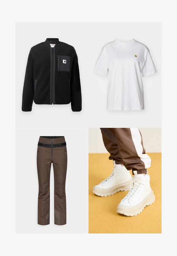 Fekete bolyhos bomber dzseki cipzárral elől, bordás mandzsettával és mellzsebbel. Jellemzője a texturált anyag és az egyszínű dizájn.; Fehér pamut póló laza szabással, rövid ujjakkal és egy kis hímzett logóval a bal mellrészén.; Barna bélelt nadrág magas derékpánttal, fekete cipzáras záródással, oldalzsebekkel és megerősített alsó szélekkel a tartósság érdekében.; Fehér, magasszárú sportcipők, vastag, texturált talppal, sima bőr felsőrésszel, kerek orral és azonos színű fűzőkkel, sárga háttér előtt.
