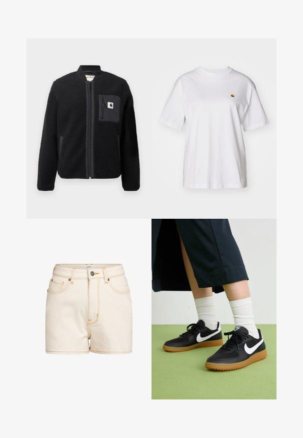 Must schwarze fleece-bomber-jakk, millel, lukkumine, soonikkoesed ja rindade tasku. Omab tekstuuriga kangast ja ühtlase värvi disaini.; Valge puuvillane T-särk, millel on lõdva lõikega, lühikesed varrukad ja väike broderi logo vasakul rinnakarpi.; Beige denimsärgiga lühikesed püksid kõrgema vöökohaga, kontrastsete kollaste mööda õmblustega, ees olevate taskutega ja bränditud metallnupuga sulgemine.; Mustad nahast ja sünteetilised sneekerid valge Nike logoga, kummist gumme, ümar nina ja mustad paelad. Näha ribakujulisi valgeid sokke.