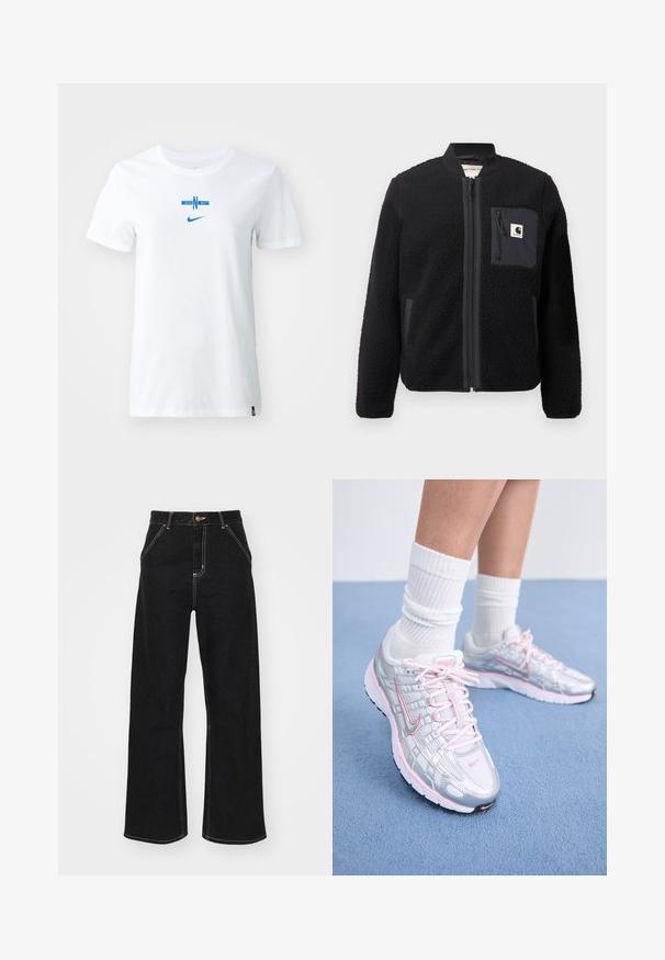 Černá fleecová bomber bunda se zipem vpředu, vroubkovanými manžetami a kapsou na hrudi. Disponuje texturovanou tkaninou a jednobarevným designem.; Bílá bavlněná trička se modrou grafikou s nápisem "ENG" a horizontálním designovým prvkem a modrým logem Nike na přední straně.; Černé široké džínsy vyrobené z denimu, s kontrastním bílým prošitím a předním zapínáním na knoflík, se dvěma šikmými předními kapsami.; Běžecké boty Nike s vrškem ze stříbrné síťoviny a růžovými akcenty, bílými tkaničkami a texturovanou podrážkou. Nosené s bílými bavlněnými sportovními ponožkami.