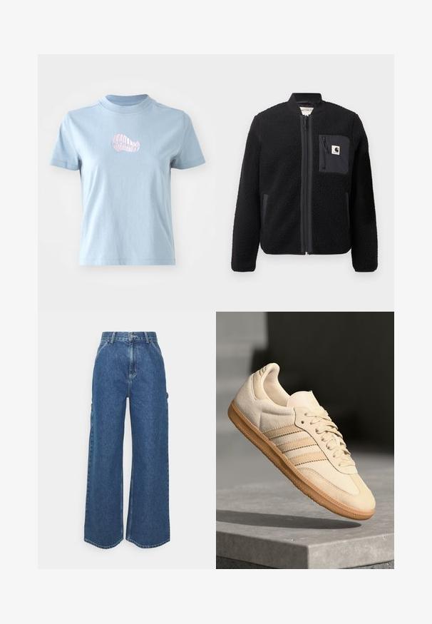 Juodas pūkų bomber tipo džemperis su užtrauktuku, raukšlėtomis rankovėmis ir krūtine kišene. Ypatybės: tekstūruota medžiaga ir vientisas spalvų dizainas.; Šviesiai mėlynas medvilninis marškinėliai su trumpomis rankovėmis ir aukštu kaklu, kuriuose priekyje yra mažas rožinis siuvinėtas kriauklės dizainas.; Plačios mėlynos džinsinės kelnes su aukštu juosmeniu, kontrastingais siūlais ir šoninėmis kišenėmis, turinčios klasikinį penkių kišenių dizainą ir brutalius kraštus.; Šviesiai ruda veliūrinė sportinė avalynė su guminiais padais, trimis įstrižomis juostelėmis ir tekstūruotu pirštų apsauginiu. Ant liežuvio ir šono yra logotipas.