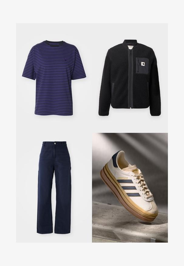 Fekete bolyhos bomber dzseki cipzárral elől, bordás mandzsettával és mellzsebbel. Jellemzője a texturált anyag és az egyszínű dizájn.; Carhartt WIP VERNER - Nyomott mintás póló - black/aura; Tengerészkék, bővebb, cargo stílusú nadrág strapabíró pamutból, oldalsó zsebekkel és gombos derékmegoldással.; Adidas Gazelle sneaker, krém színű velúr felsőrésszel, kék bőr részletekkel, három kék csíkkal, bézs középtalppal és barna gumitalppal.
