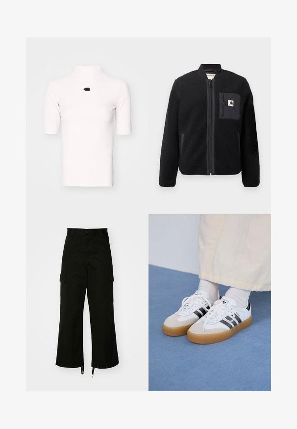 Juodas pūkų bomber tipo džemperis su užtrauktuku, raukšlėtomis rankovėmis ir krūtine kišene. Ypatybės: tekstūruota medžiaga ir vientisas spalvų dizainas.; Baltos raukšlėtos turtlenecko tipo bliuzono su trumpomis rankovėmis ir juodu logotipu akcentu krūtinėje. Turi prigludusį dizainą su lygiu paviršiumi.; Juodi krovinių šortai, pagaminti iš medvilnės, su plačiais šonais, šoninėmis kišenėmis ir raišteliais apačioje. Dizainas apima sagos užsegimą talijoje.; Baltos sportbačiai su noir juostomis ir šviesiai rudos zomšos akcentais. Yra tekstūruota gumos padas ir plokščiomis baltomis raištelėmis, dėvimi su šviesiai spalvotomis kojinėmis.