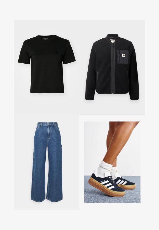 Svart fleece bomberjacka med blixtlås framtill, ribbade ärmslut och en bröstficka. Har textilstruktur och en ensfärgad design.; Svart T-shirt i bomull. Kort ärm och rund hals. Har en liten, mörk logotyp på vänster bröst. Enkel, klassisk design.; Breda ljusblå denimbyxor med hög midja, kontrasterande sömmar och sidofickor, som har en klassisk femficksdesign och råa kanter.; Svarta sneakers i mocka med vita ränder och detaljer, rundad tå, yttersula i gummiblandning, kombinerade med vita ribbade crew-strumpor.