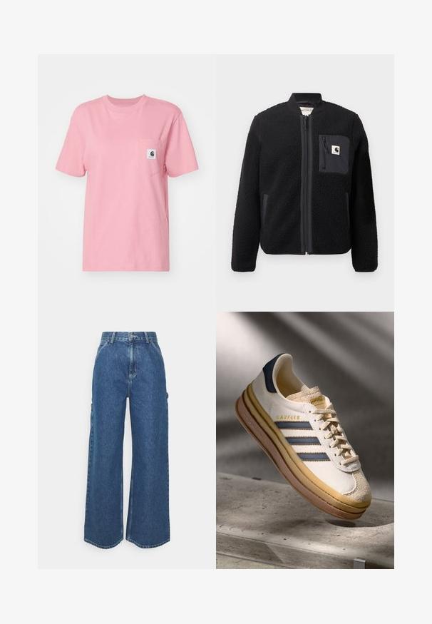 Sort fleeced bomberjakke med lynlås foran, ribbede manchetter og en brystlomme. Har struktureret stof og ensfarvet design.; Carhartt WIP POCKET - T-shirts basic - dusty rose; Bredde ben blå denimbukser med høj talje, kontrastsyede sømme og sidelommer, med et klassisk fem-lomme design og rå kanter.; Adidas Gazelle sneaker med en creme farvet ruskindsoverdel, blå læderdetaljer, tre blå striber, beige mellemsål og brune gummisål.