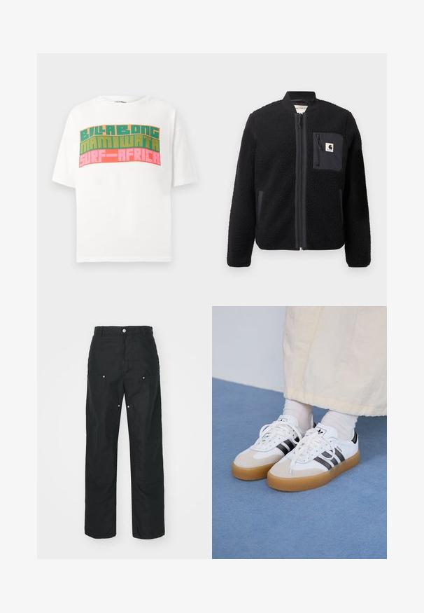 Svart fleece bomberjakke med glidelås foran, ribbestrikkede mansjetter og brystlomme. Har teksturert stoff og en ensfarget design.; Hvitt t-skjorte med korte ermer med retro blokk tekst som sier "BILLABONG MAMIWATA SURF AFRICA" i oransje, grønt og rosa.; Svarte bukser med rett ben-design, laget av et strukturert stoff. Har dekorativt sølvtilbehør og unike sømdetaljer.; Hvite sneakers med svarte striper og beige semsket skinn-detaljer. Har en teksturert gummisåle og flate hvite snører, brukt med lyse sokker.
