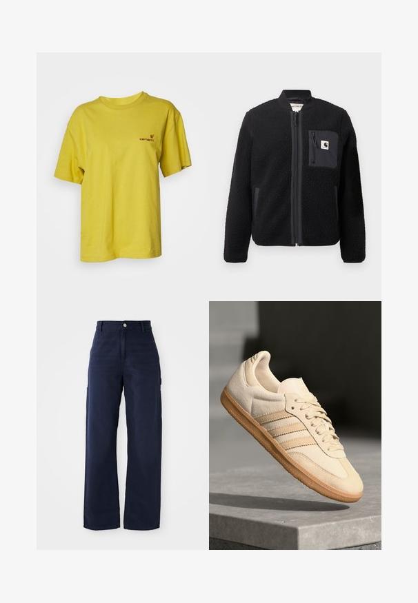 Mustat fleecetakki, jossa on vetoketju edessä, ribatoidut hihansuut ja rintatasku. Ominaisuuksia ovat teksturoitu kangas ja yksivärinen muotoilu.; Carhartt WIP AMERICAN SCRIPT - T-paita - golden olive; Laivastonsininen, leveälahkeinen cargo-housu, jossa on kestävä puuvillakangas, sivutaskut ja nappikiinnitys vyötäröllä.; Vaalea beige mokkanahkakenkä, jossa on kumipohja, kolme vinoraitaa ja struktuuroitu varvaskappale. Varustettu logolla kielellä ja sivussa.