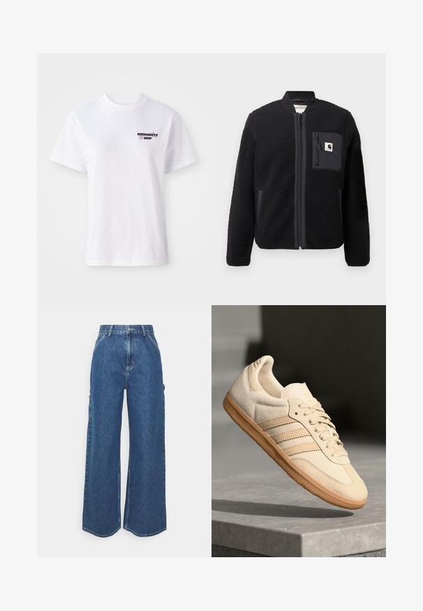 Black fleece bomber jacket with a zip front, ribbed cuffs, and a chest pocket. Features textured fabric and solid color design.; White short-sleeve crewneck t-shirt with small black and purple Carhartt WIP logo on the left chest.; Wide-leg blue denim trousers with a high waist, contrasting stitching, and side pockets, featuring a classic five-pocket design and raw hems.; Light beige suede sneaker with gum outsole, three diagonal stripes, and a textured toe cap. Features logo on the tongue and side.