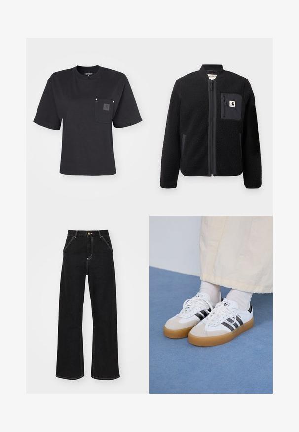 Must schwarze fleece-bomber-jakk, millel, lukkumine, soonikkoesed ja rindade tasku. Omab tekstuuriga kangast ja ühtlase värvi disaini.; Must must t-särk lühikeste varrukatega, ümmarguse kaelusega ja ees oleva taskuga, millel on plekilogo. Minimalistlik disain, millel on vabalt langev lõige.; Mustmustest mustadest denimist, millel on kontrastsed valged õmblused ja esine nupp, kahe nurga all asuva esipocketiga.; Valged tossud mustade triipudega ja beeži nahaga aktsentidega. Omavad tekstuuriga kummist talla ja lamedaid valgeid paelu, kantud heledate sokkidega.