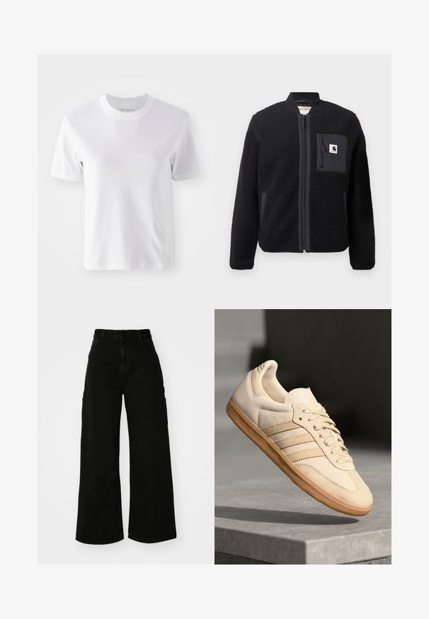 Giacca bomber nera in pile con zip frontale, polsini a coste e taschino sul petto. Presenta un tessuto testurizzato e un design di colore solido.; T-shirt bianco a maniche corte in cotone con collo rotondo e un piccolo logo ricamato sul petto, texture liscia e design semplice.; Pantaloni cargo neri a gamba larga in denim, con vita alta, chiusura frontale con bottone e tasche laterali. Texture liscia con cuciture minime.; Sneaker in suede beige chiaro con suola in gomma, tre strisce diagonali e punta con texture. Presenta il logo sulla linguetta e sul lato.