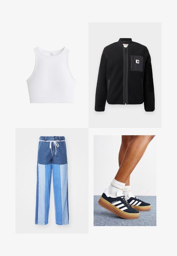 Fekete bolyhos bomber dzseki cipzárral elől, bordás mandzsettával és mellzsebbel. Jellemzője a texturált anyag és az egyszínű dizájn.; Fehér bordázott crop top kerek nyakkal és ujjatlan kivitelben. Texturált anyaggal készült, amely további részleteket és rugalmasságot biztosít.; Kék farmernadrág, foltvarrásos dizájnnal, különböző árnyalatú kékekből, húzózsinóros derékkal és laza, egyenes szabású lábakkal.; Fekete velúr sportcipő fehér csíkokkal és díszítésekkel, lekerekített orral, gumitalpú külső résszel, fehér bordázott bokazoknival párosítva.