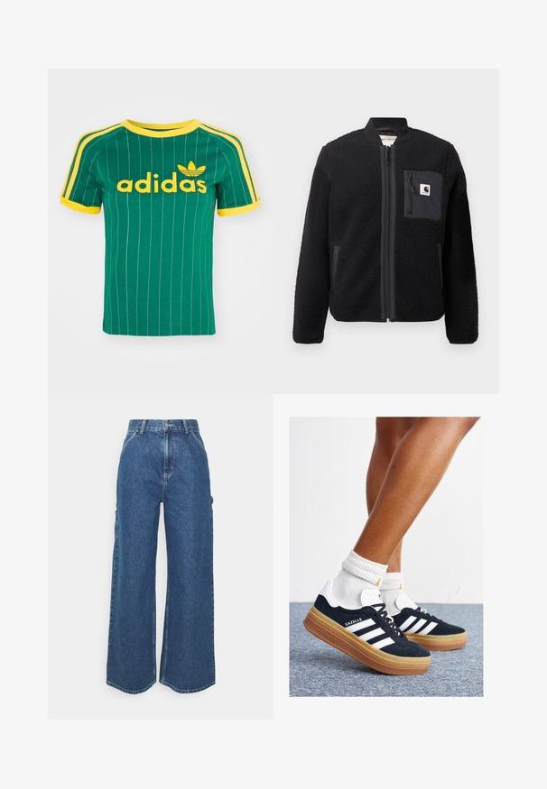 Melnā vilnas bombers jakas ar rāvējslēdzēja priekšpusi, ribinātām aprocēm un krūšu kabatu. Iezīmēts ar teksturētu audumu un viendabīgu krāsu dizainu.; Zaļš kokvilnas T-krekls ar vertikālām baltām svītrām, dzelteniem akcentiem un "adidas" logotipu dzeltenā fontā. Īsas piedurknes un apaļas kakla izgriezuma dizains.; Platleņķa zili džinsi ar augstu jostasvietu, kontrastējošām šuvēm un sānu kabatām, ar klasisku piecu kabatu dizainu un neapstrādātiem malām.; Melnas zamšādas sporta kurpes ar baltām svītrām un akcentiem, apaļa purngala daļa, gumijas zole, kopā ar baltām ribotām sporta zeķēm.