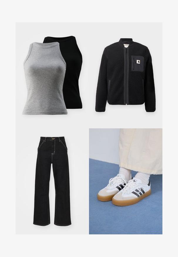 Juodas pūkų bomber tipo džemperis su užtrauktuku, raukšlėtomis rankovėmis ir krūtine kišene. Ypatybės: tekstūruota medžiaga ir vientisas spalvų dizainas.; Du wrapto suknelės be rankovių, pilkos ir juodos spalvos. Jos turi apvalią iškirptę ir prigludusią siluetą, pagamintos iš minkštos medvilnės mišinio.; Juodi platūs džinsai, pagaminti iš džinsinio audinio, su kontrastingomis baltomis siūlėmis ir priekiniais mygtukais, turintys du kampinius priekinio kišenes.; Baltos sportbačiai su noir juostomis ir šviesiai rudos zomšos akcentais. Yra tekstūruota gumos padas ir plokščiomis baltomis raištelėmis, dėvimi su šviesiai spalvotomis kojinėmis.