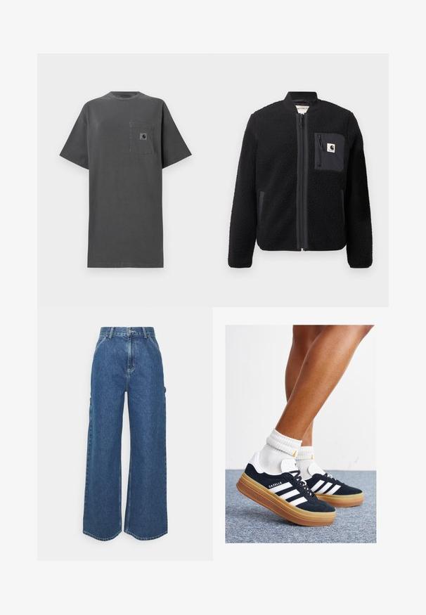 Fekete bolyhos bomber dzseki cipzárral elől, bordás mandzsettával és mellzsebbel. Jellemzője a texturált anyag és az egyszínű dizájn.; Szürke pamut póló, laza szabású, kerek nyakkivágással és rövid ujjal, mellzsebével, amelyen egy kis logós embléma található.; Széles szárú, kék farmernadrág magas derékkal, kontrasztos varrással és oldalsó zsebekkel, klasszikus öt zsebes kialakítással és nyers szegéllyel.; Fekete velúr sportcipő fehér csíkokkal és díszítésekkel, lekerekített orral, gumitalpú külső résszel, fehér bordázott bokazoknival párosítva.