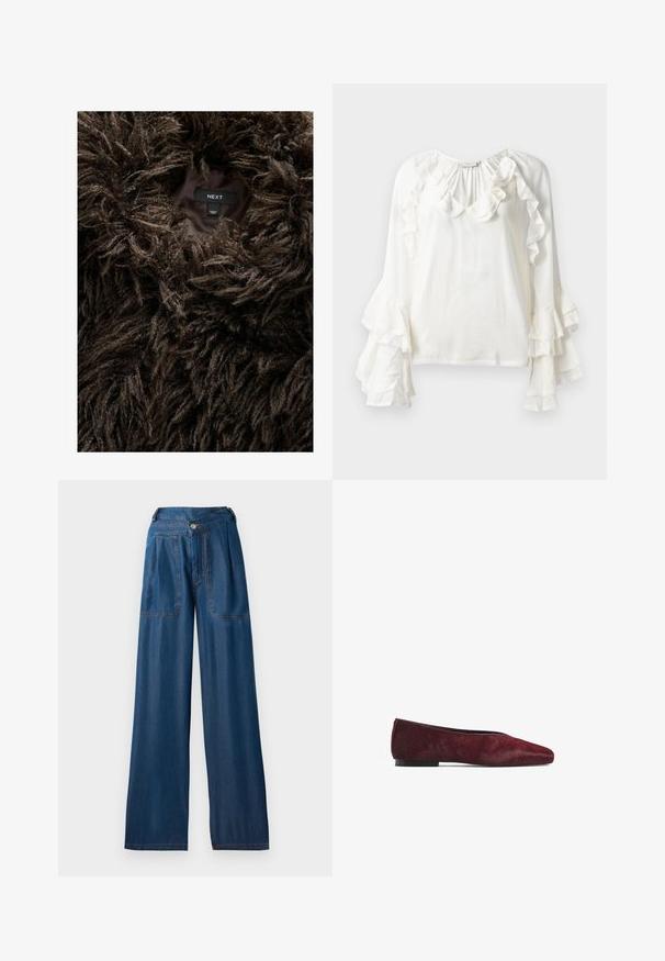 Abrigo de piel sintética marrón y desaliñado con una etiqueta visible en el interior que dice "NEXT" y "Hecho en China" en un forro interior oscuro.; Copenhagen Muse NORMA - Blusa - jet stream; Pantalones vaqueros de pierna ancha en azul oscuro, hechos de denim, que presentan dos bolsillos frontales, un cierre de botón y detalles de costura en naranja contrastante.; Bailarina en rojo oscuro, hecha de material de piel con pelo. Presenta una punta afilada y una suela negra plana, mostrando una textura suave.