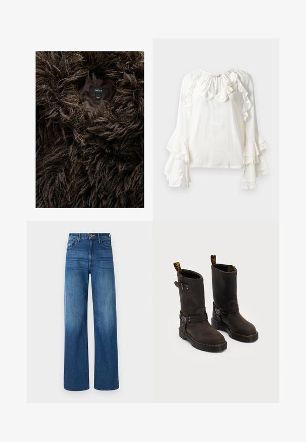 Hnědý chlupatý kabát z umělé kožešiny s viditelnou etiketou uvnitř, na které je napsáno "NEXT" a "Vyrobeno v Číně" na tmavé podšívce.; Copenhagen Muse NORMA - Blůza - jet stream; Mother THE LASSO SNEAK - Džíny Relaxed Fit - dark blue denim; Tmavě hnědé kožené boty se středně dlouhým designem, žlutým prošíváním, nastavovacími přezkami a poutky na vršku. Texturovaný povrch.