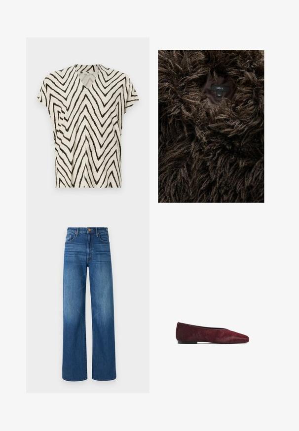 Brązowy, kudłaty płaszcz z sztucznego futra z widoczną metką wewnętrzną z napisem "NEXT" oraz "Wyprodukowano w Chinach" na ciemnej podszewce.; Krótki rękaw, top w serek w kolorze kremowym z czarnym wzorem w zygzak. Miękka tkanina, luźny krój oraz boczne szwy dla dodatkowej struktury.; Mother - Jeansy Relaxed Fit; Baleriny w ciemnoczerwonym kolorze, wykonane z materiału skórzanego z włosem. Posiadają spiczasty czubek i płaską czarną podeszwę, prezentując gładką teksturę.