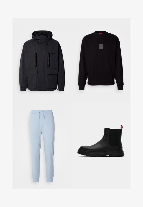 Schwarze wasserdichte Jacke mit Kapuze, zwei mit Reißverschluss versehenen Brusttaschen und elastischen Bündchen. Verfügt über ein minimalistisches Design und "HUGO"-Branding.; Schwarze Sweatshirt mit langen Ärmeln, rundem Ausschnitt, grauem quadratischen Logo auf der Vorderseite, weicher Textur und gerippten Bündchen und Saum.; Hellblaue Jogginghose aus weichem Stoff mit elastischem Bund und verstellbarem Kordelzug. Die Abschlüsse sind umgenäht und runden das Design ab.; Schwarze Knöchelstiefel mit glatter Oberfläche, elastischen Seitenpaneelen und einem kontrastierenden roten Zuglasche, ausgestattet mit einer dicken Gummisohle und einer runden Zehenpartie.