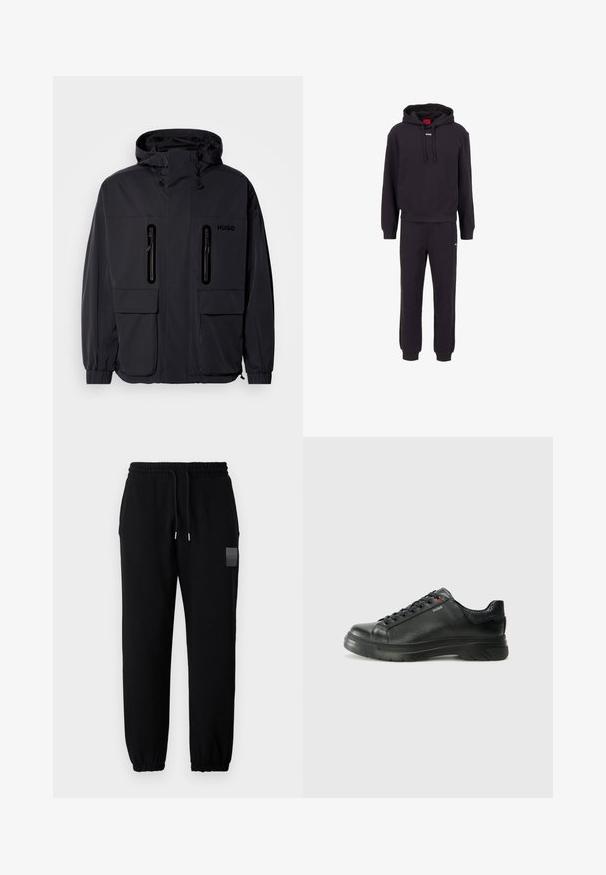 Zwarte waterdichte jas met een capuchon, twee ritszakken op de borst en elastische manchetten. Heeft een minimalistisch ontwerp en "HUGO" branding.; Zwart sweatshirt en sweatpants set. Hooded top met wit logo, geribbelde manchetten. Broek heeft elastische tailleband en taps toelopende benen. Zachte stof.; Zwarte joggers met een elastische tailleband en strikkoord, met taps toelopende pijpen en een klein logo-patch op de bovenbeen.; Zwarte leren sneaker met een gestructureerde bovenkant, gevoerde kraag en rode logo-details. Heeft een dikke rubberen zool met een opvallend loopvlakpatroon.