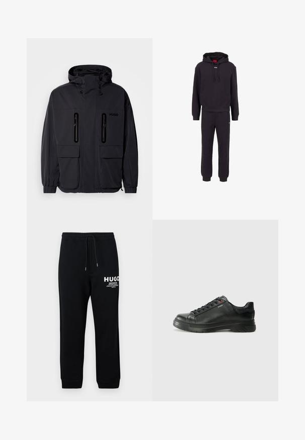 Musta vedenpitävä takki hupulla, jossa on kaksi vetoketjullista rintataskua ja elastiset hihansuut. Ominaisuuksina minimalistinen muotoilu ja "HUGO" -brändäys.; Musta huppari ja collegehousut -setti. Hupparitopissa on valkoinen logo ja ribattu reunus. Housuissa on joustava vyötärönauha ja kapenevat lahkeet. Pehmeä kangas.; Mustat collegehousut, jotka on valmistettu puuvillasekoitteesta, vetoketjullinen vyötärö, kapenevat lahkeet ja valkoinen painettu logo sekä teksti vasemmassa reidessä.; Musta nahkakengät, joissa on teksturoidun pinnan, pehmustettu kaulus ja punainen logo. Kengissä on paksu kumipohja, jossa on selkeä uramalli.