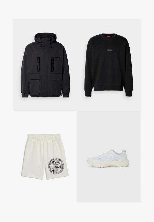 Schwarze wasserdichte Jacke mit Kapuze, zwei mit Reißverschluss versehenen Brusttaschen und elastischen Bündchen. Verfügt über ein minimalistisches Design und "HUGO"-Branding.; Schwarzes Langarmcrewneck-Sweatshirt mit kleinem, zentriertem "hugo"-Text in Hellblau auf der Brust, mit gerippten Bündchen und Saum.; Cremfarbene Shorts mit elastischem Bund, die eine schwarze Grafik von zwei Boxern und den Text "Hugo Boxing Academy 1993 Athletics" am Bein zeigen.; Weiße Sportschuhe aus Mesh und Wildleder, mit einer strukturierten Zwischensohle, strukturierten Akzenten und dem "HUGO"-Logo an der Seite.