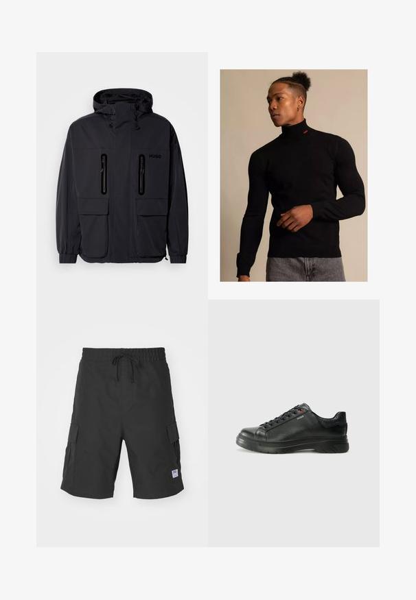 Crna vodoodbojna jakna s kapuljačom, dva ziperirana džepa na prsima i elastičnim manžetama. Ima minimalistički dizajn i "HUGO" logo.; Crna turtleneck majica od rebraste tkanine s dugim rukavima. Sadrži mali crveni logo na vratu. Nosena s taman sivim trapericama.; Crne cargo kratke hlače od izdržljive tkanine, s elastičnom gumom i vezicom u struku, bočnim džepovima i oznakom s logom.; Crne kožne tenisice s teksturiranim gornjim dijelom, podstavljenim ovratnikom i crvenim logotipom. Imaju debeli gumeni potplat s izraženim uzorkom.