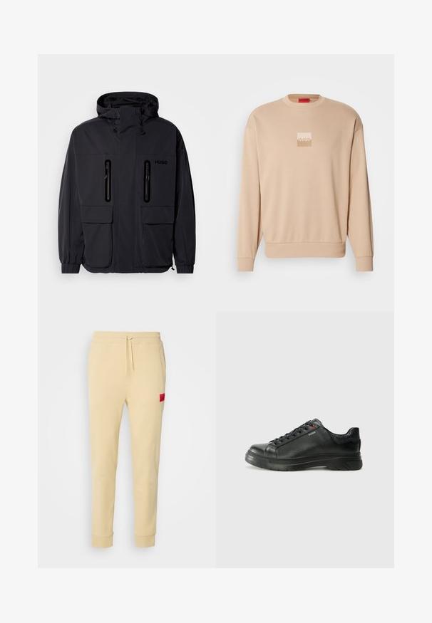 Čierna nepremokavá bunda s kapucňou, dvoma zipsovými náprsními vreckami a elastickými manžetami. Disponuje minimalistickým dizajnom a značkou "HUGO".; Béžová mikina s okrúhlym výstrihom a rebrovanými manžetami. Na prednej strane je malá štvorcová nášivka v svetlých farbách. Hladký a jemný povrch.; Béžové jogger nohavice vyrobené z jemnej látky. Elastický pás so šnúrkou, bočné vrecká, zúžené nohy a červený logo nášivka na ľavom stehne.; Čierna kožená teniska s textúrovaným vrchom, polstrovaným golierom a červeným logom. Obsahuje hrubú gumovú podrážku s výrazným vzorom.